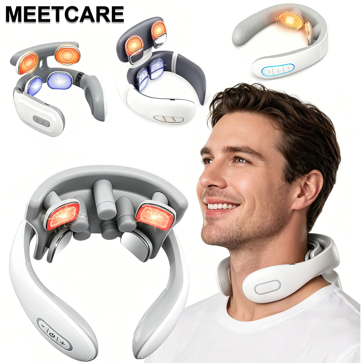 A man is shown using a white TENS Pulse Neck & Shoulder Massager with Heat device.