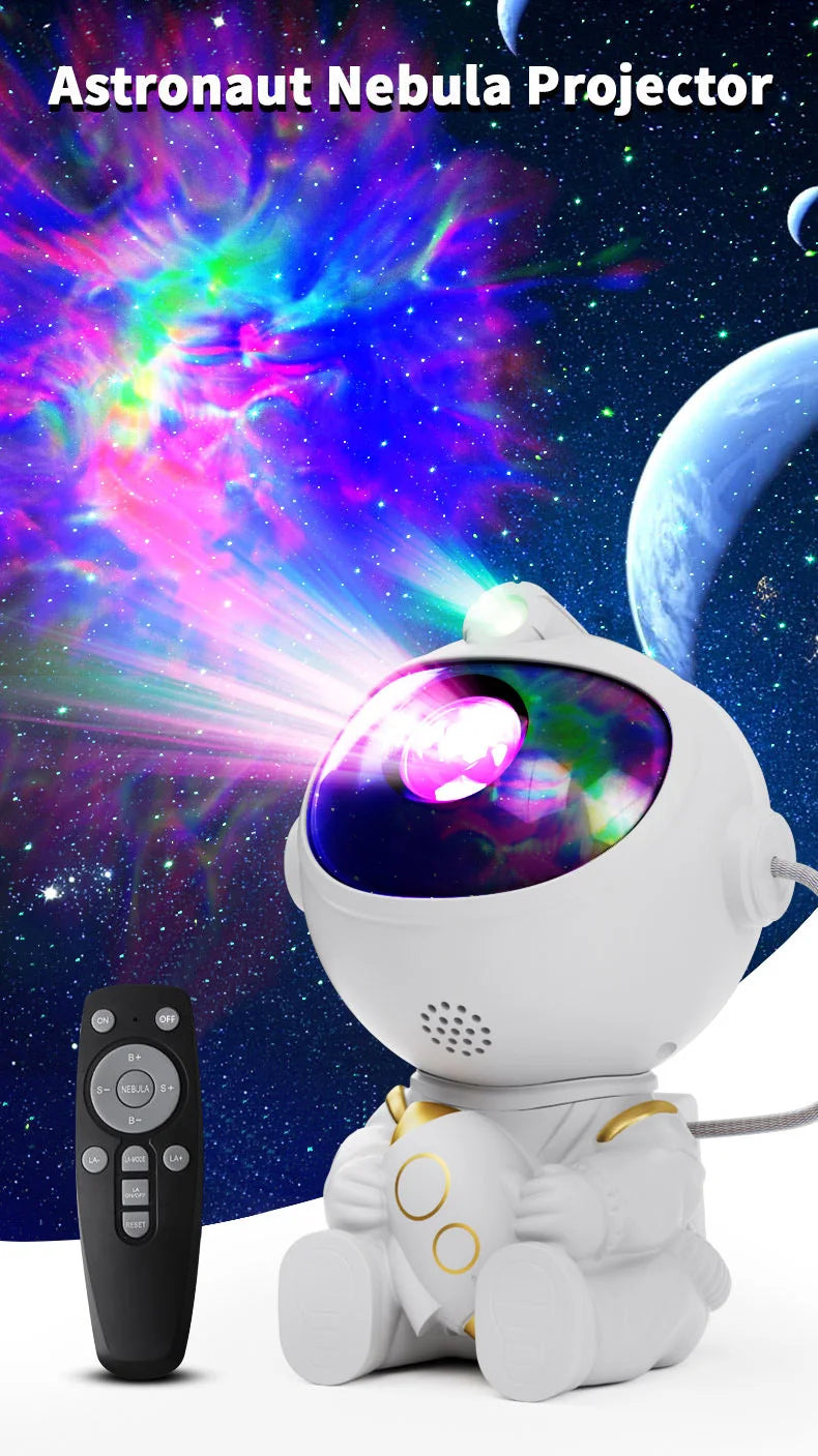 A white astronaut projector with a purple lens emitting colorful nebula and galaxy light onto a dark background.