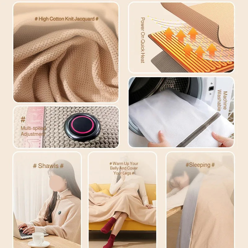 A collection of beige knit jacquard shawls and a portable heated electric blanket being used for warmth.