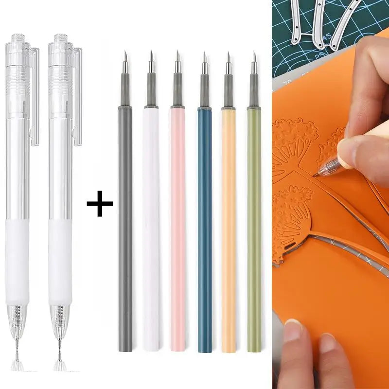 Juego de seis cuchillas de precisión con repuestos junto a papel craft naranja