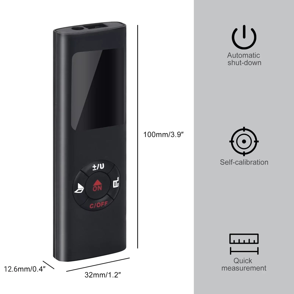 A black rechargeable laser distance measurer with an ON/OFF switch and self-calibration features.