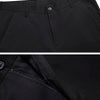 Close-up view of black men's stretch straight-leg trousers showing a button and a side zipper detail.