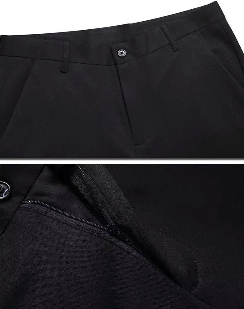 Close-up view of black men's stretch straight-leg trousers showing a button and a side zipper detail.