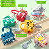 A set of car-shaped puzzle lock toys and keys for children, including an ambulance, police car, and various matching skills i