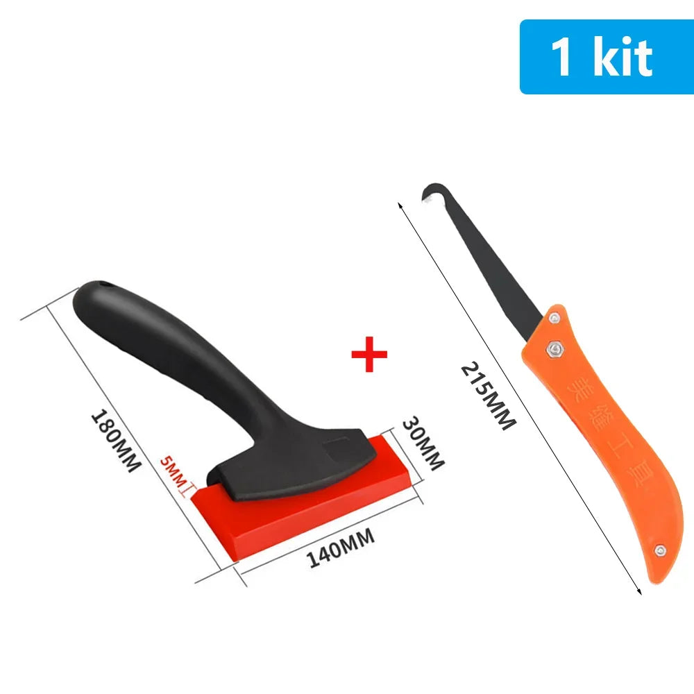 A set of orange and black tile gap filling and cleaning scraper tools shown with a plus sign.