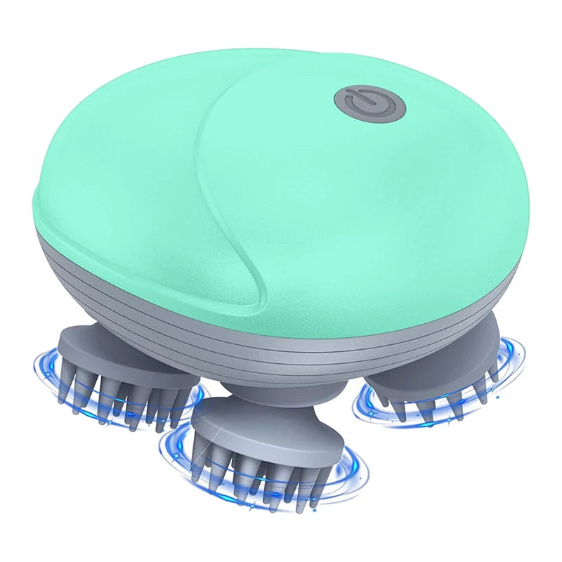 Dispositivo masajeador de cuero cabelludo eléctrico en color verde azulado con múltiples cabezales rotatorios de silicona