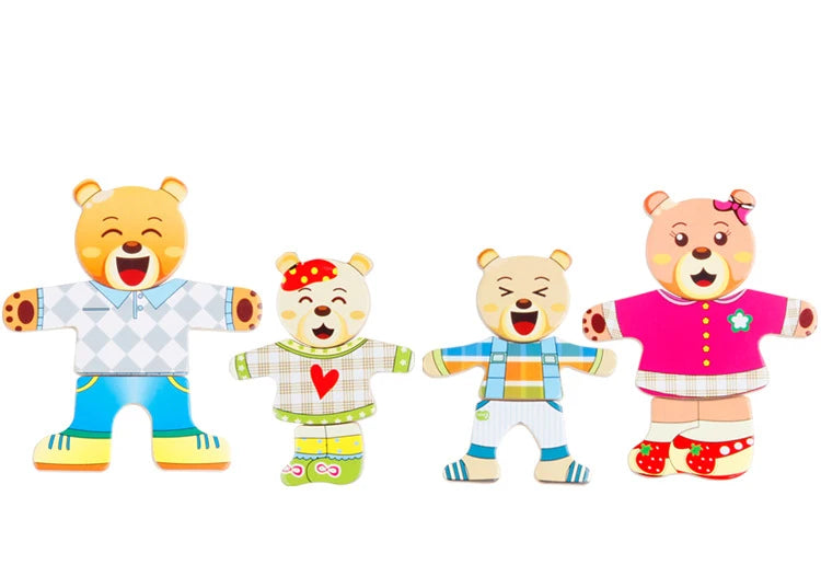Four wooden puzzle bears dressed in colorful clothing and accessories for children