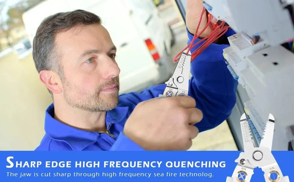 A man in a blue shirt is using a wire stripping tool to work on an electronic component.