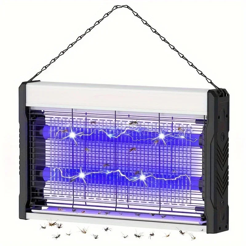 An electric mosquito killer lamp with a UV light trap is shown, featuring a grid and attracting insects.