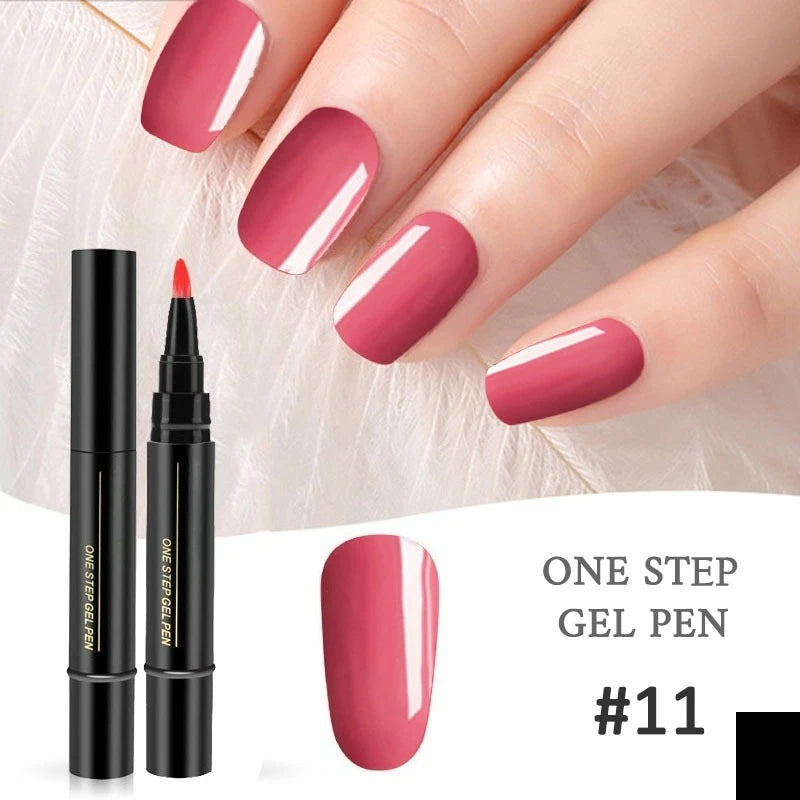 A hand displays a manicure using a pink gel pen, showing various nail colors and application techniques.