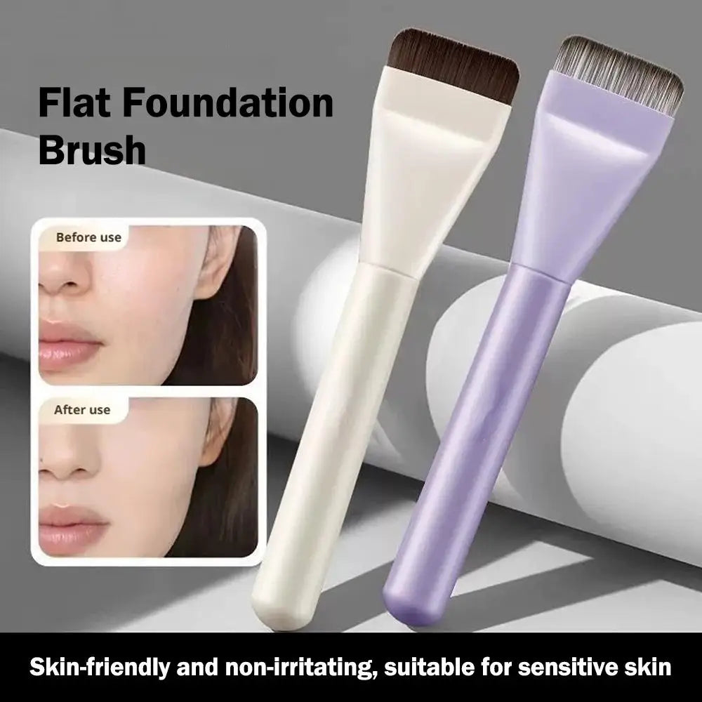 A purple flat foundation brush is shown next to a white one, highlighting its soft bristles for sensitive skin.