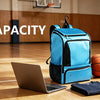 A blue sports backpack is shown on a wooden basketball court with various athletic gear and accessories.