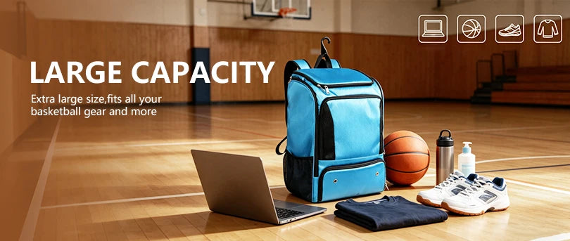 A blue sports backpack is shown on a wooden basketball court with various athletic gear and accessories.