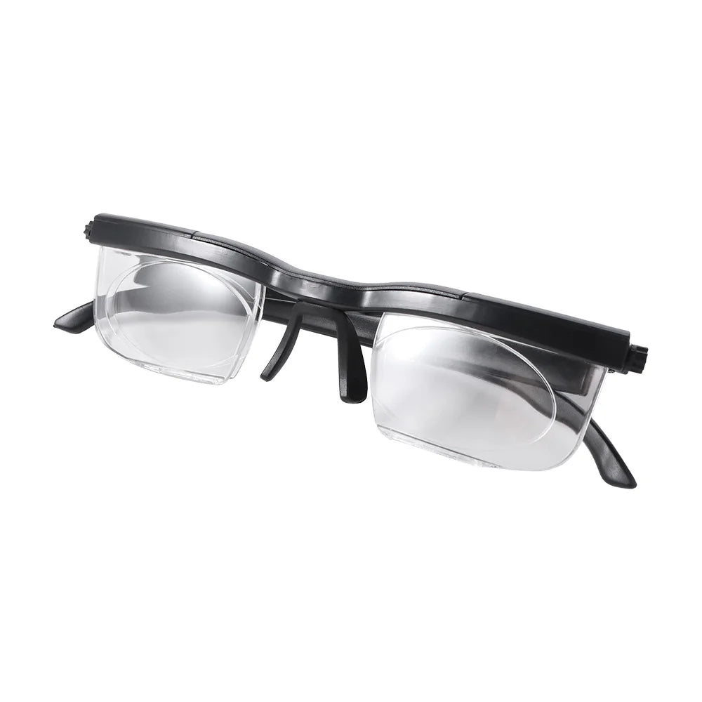 A pair of black-framed reading glasses with clear lenses.