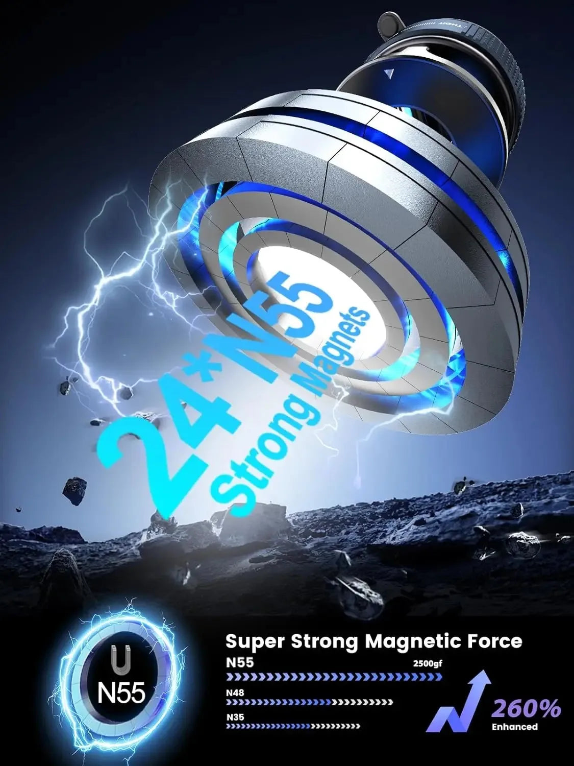 A close-up of a 360° rotating magnetic foldable phone holder demonstrating strong magnetic force and enhanced performance.