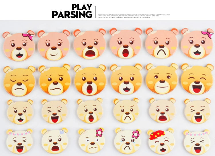 A collection of wooden bear puzzles for children showing various facial expressions and designs.