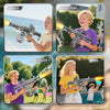 A collection of four images showing people using an electric water blaster with recoil effects and sensor lights in various o