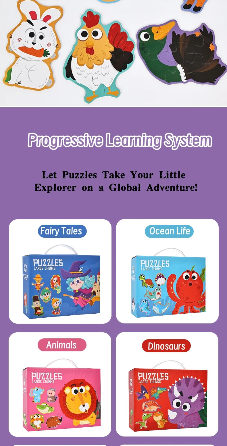 A set of three educational puzzles featuring fairy tales, ocean life, and animals/dinosaurs for children.