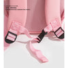 A pink toddler girls' cute mushroom backpack with pink straps and black accents.