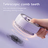 A hand is using a white telescopic comb tool to remove tangled hair from a strand.