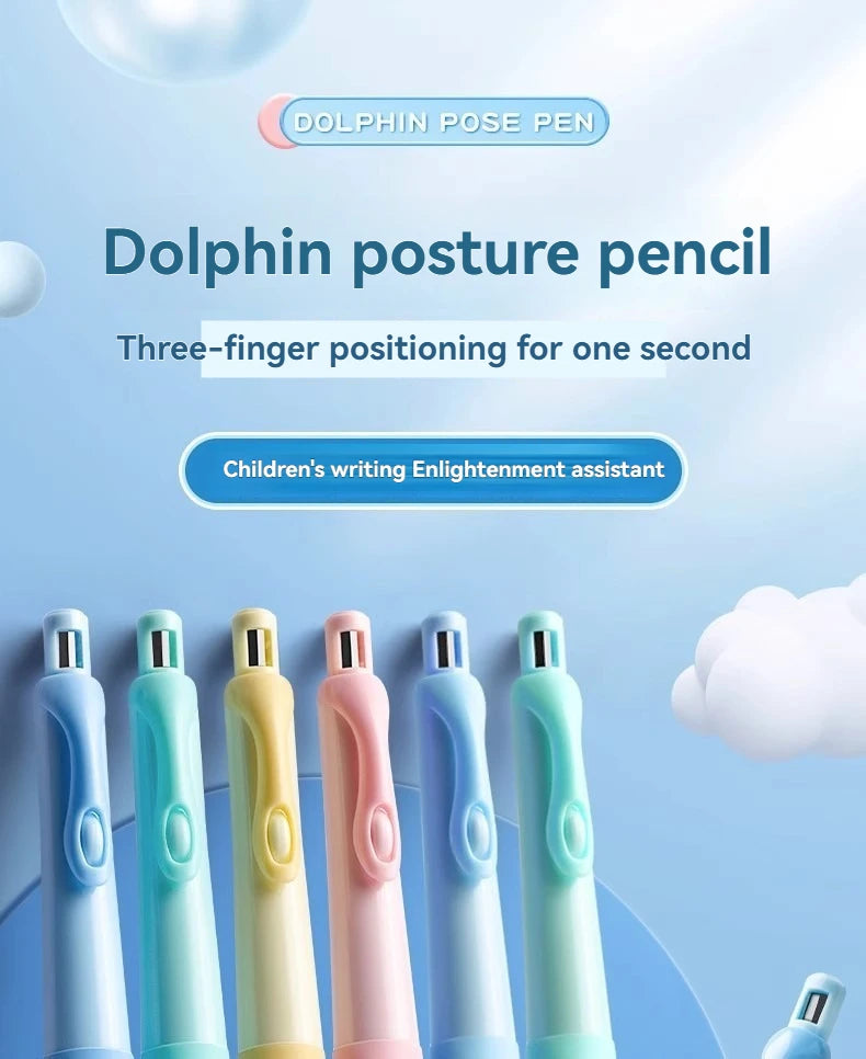 A set of Dolphin pose pencils in various colors and finishes for children's writing.