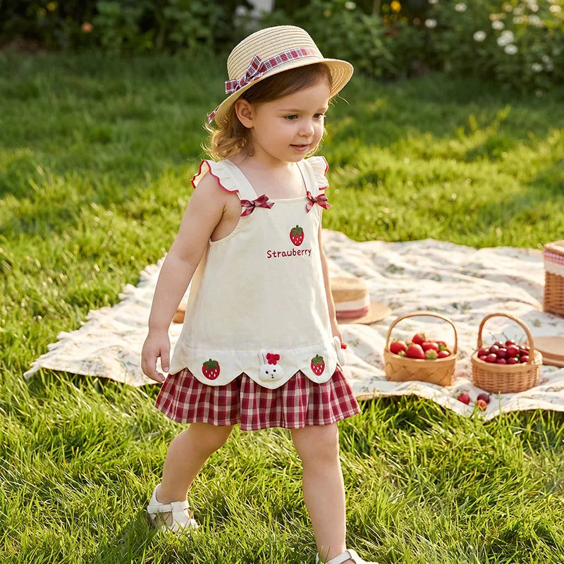A young girl wearing a cream summer pinafore dress with strawberry and bunny print, standing in a grassy field.