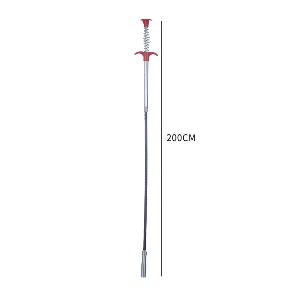 A long, thin drain snake tool with a red handle and silver shaft, measuring 200cm.