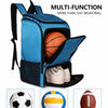 A blue multi-function sports backpack featuring compartments for a basketball, soccer ball, volleyball, and rugby ball.