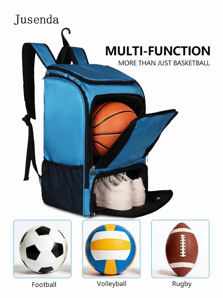 A blue multi-function sports backpack featuring compartments for a basketball, soccer ball, volleyball, and rugby ball.
