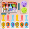 An animal bowling set featuring six colored bottles with numbers 1 through 6 for toddler learning.