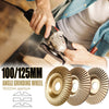 A hand is holding an angle grinding wheel for wood carving, showing three flat arc bevel discs.