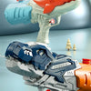 An orange dinosaur-shaped water gun is shown firing a stream of water into a blue ball in a pool.