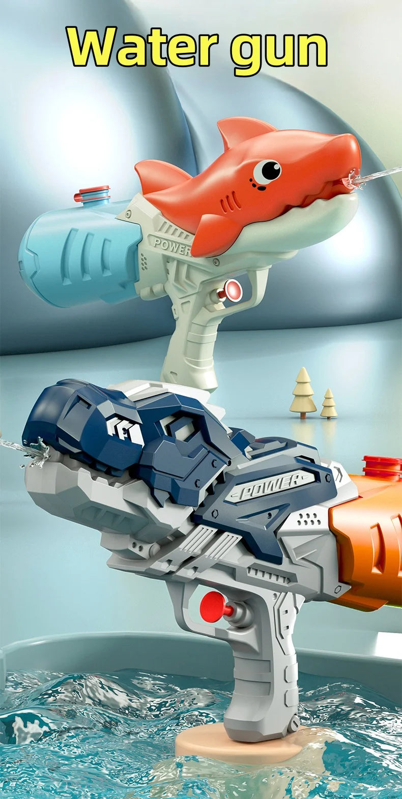 An orange dinosaur-shaped water gun is shown firing a stream of water into a blue ball in a pool.