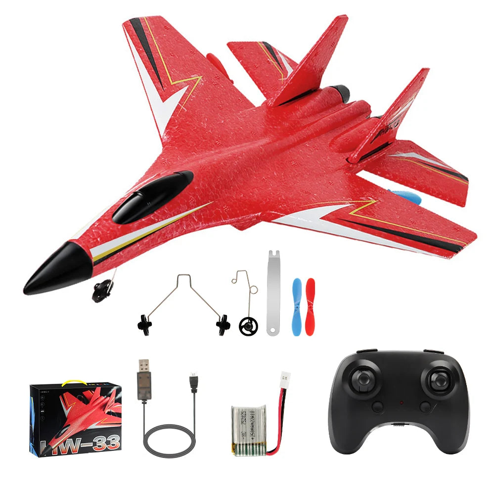 A red foam SU-27 airplane model with wings and fuselage, along with a 2.4G remote control transmitter and battery.