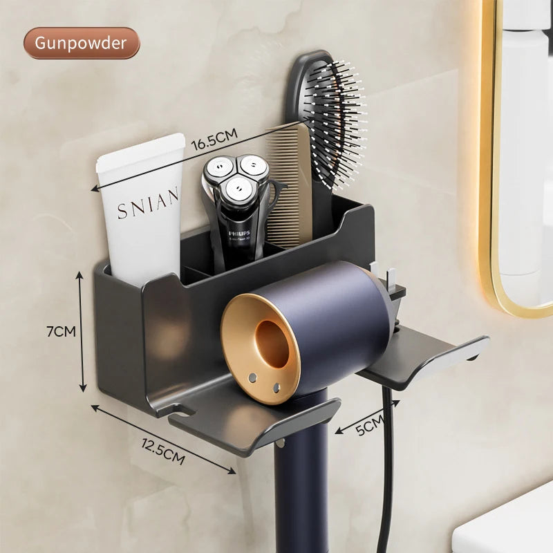 Soporte de pared para secador de pelo y cepillo, con compartimentos para herramientas de aseo.