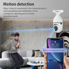 A white security camera detects motion and sends notifications to a smartphone, monitoring events in a living room.