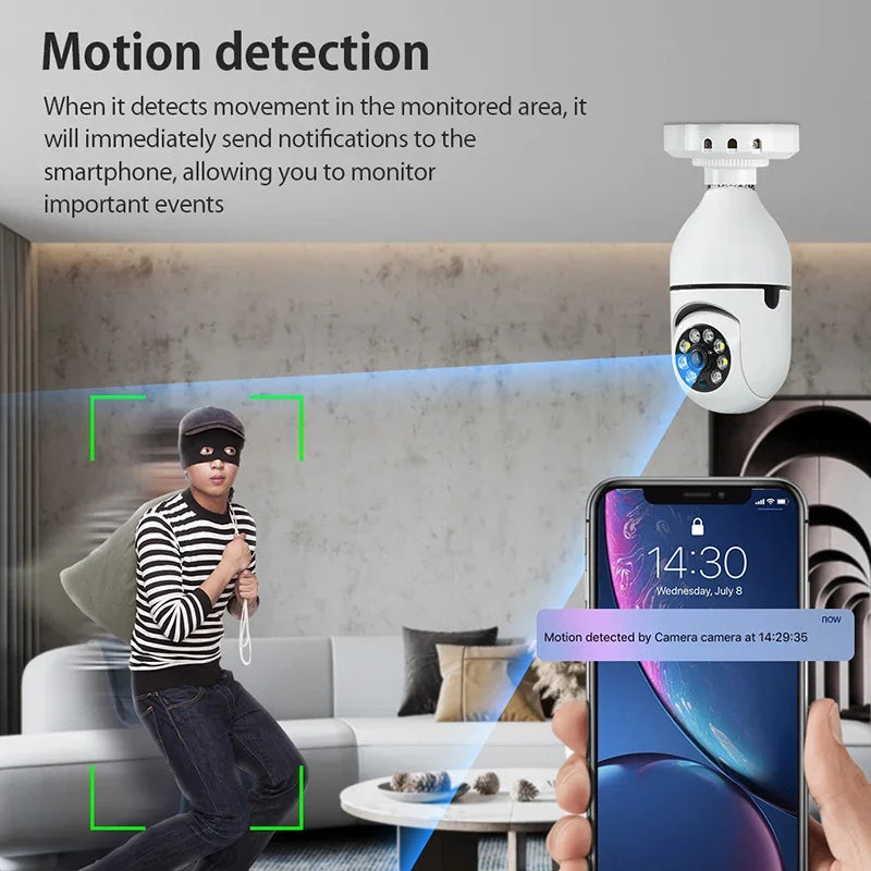A white security camera detects motion and sends notifications to a smartphone, monitoring events in a living room.