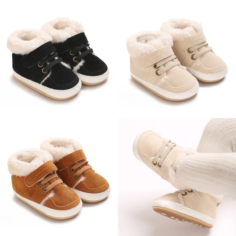 A set of soft cotton baby winter snow boots for toddlers, shown in beige and black colors.