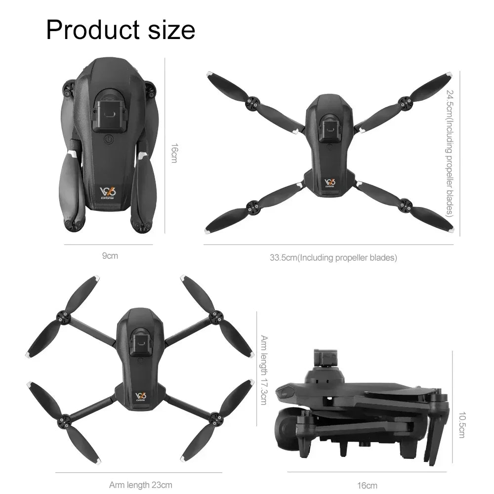 A foldable GPS drone with multiple configurations showing its size and components.