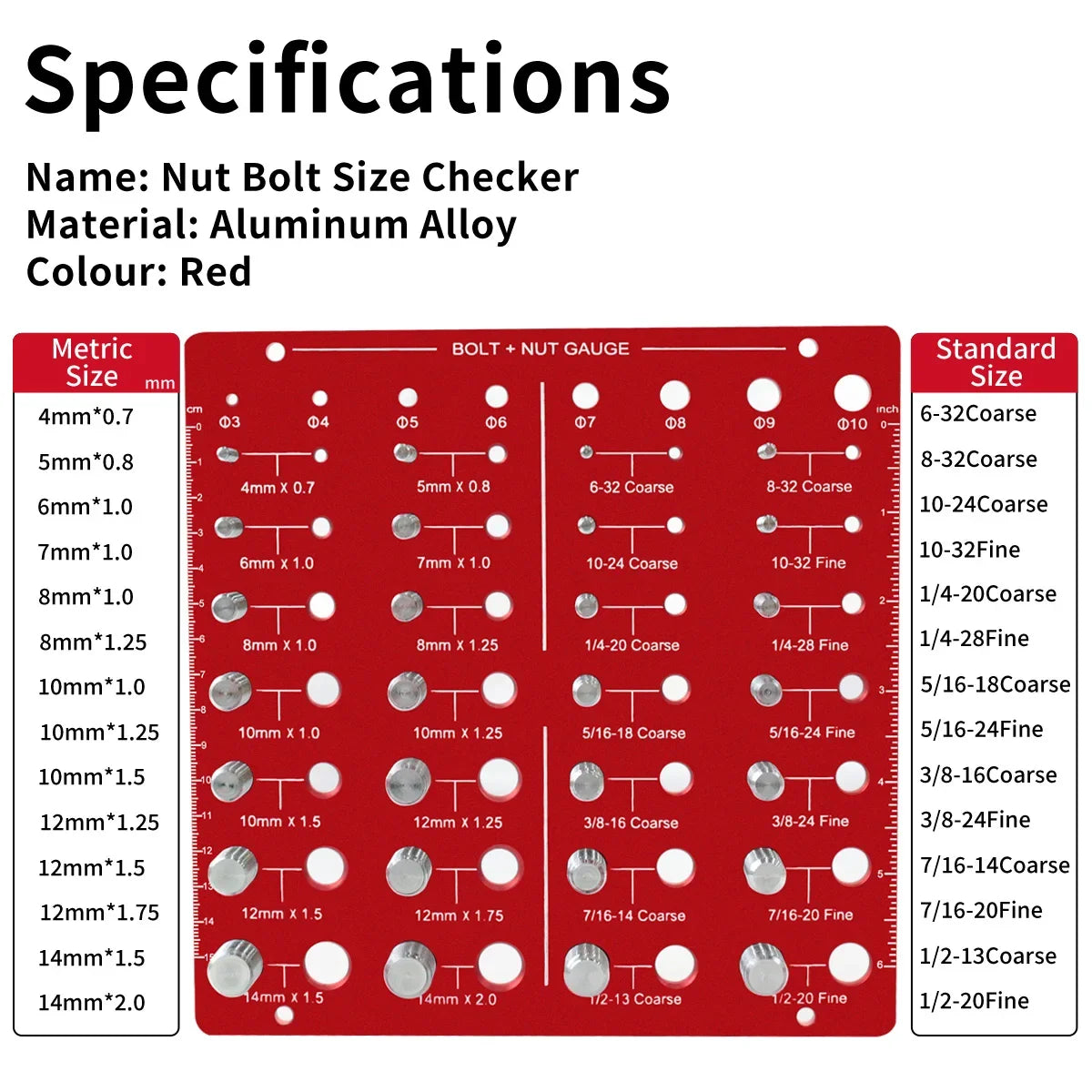 Red aluminum alloy bolt and nut size checker with 28 standard metric sizes