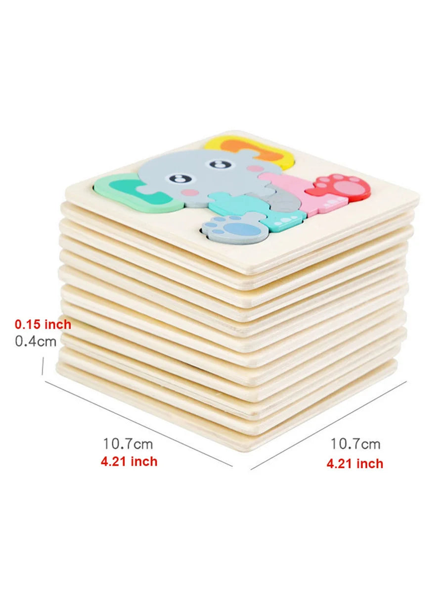 A stack of wooden 3D animal jigsaw puzzles featuring cute elephant and other animals.