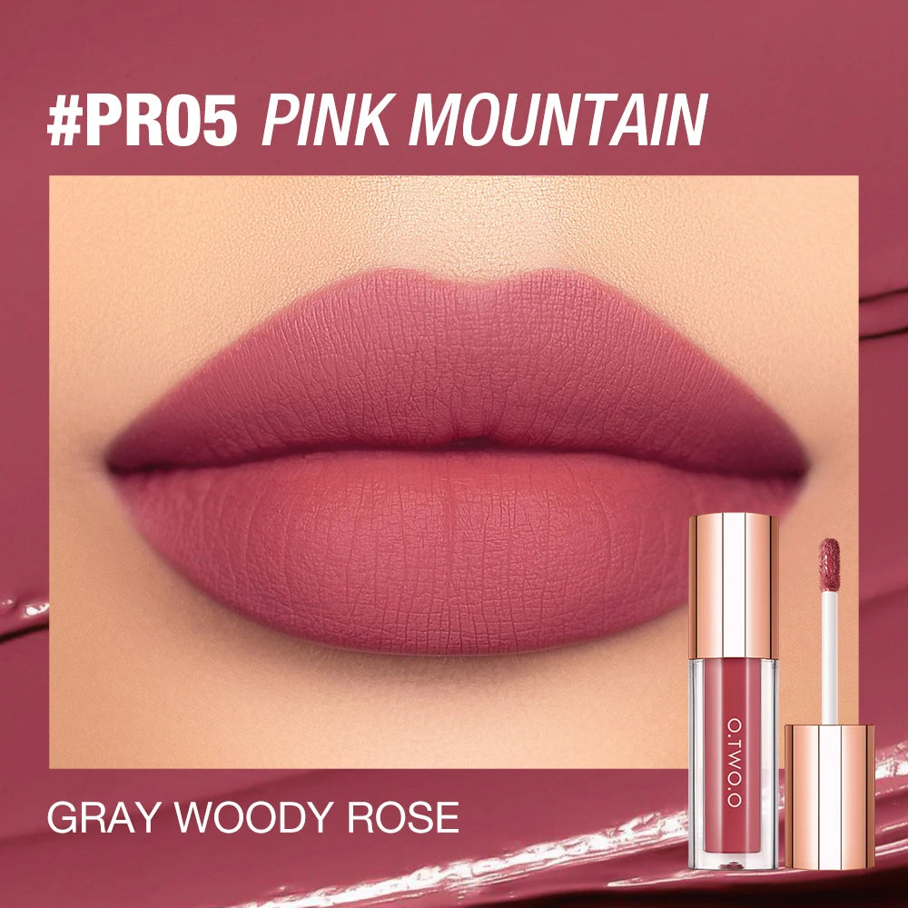 A close-up of a pink mountain lip tint in gray woody rose shade shown on a model's lips next to the product packaging.