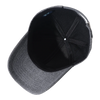 A black baseball cap with a gray fabric and a snapback closure, shown from above.