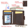 A brown leather wallet featuring a photo window, card slots, and coin pocket, with accessories like a card holder and a photo