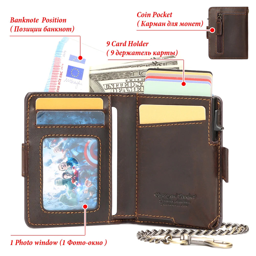 A brown leather wallet featuring a photo window, card slots, and coin pocket, with accessories like a card holder and a photo