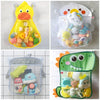A yellow suction cup toy storage bag filled with various small toys and accessories.