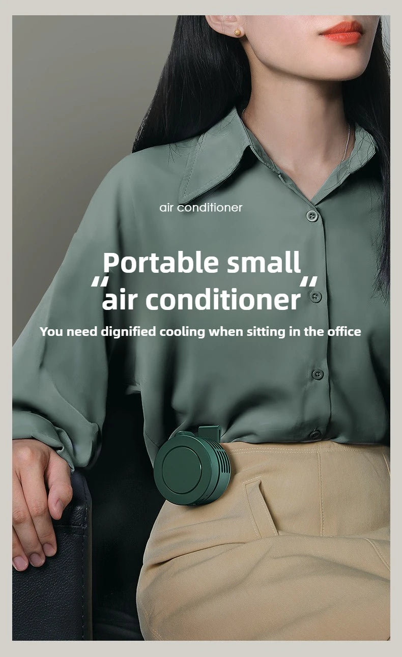 A woman wearing a green shirt holds a portable small air conditioner clip fan.