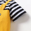 A yellow romper with black and white stripes and a matching yellow hat set.