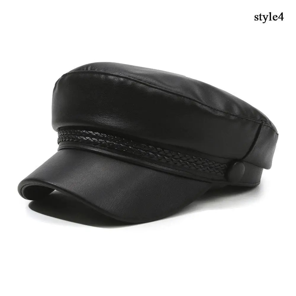 Black PU leather beret hat with a folded brim shown from the side.