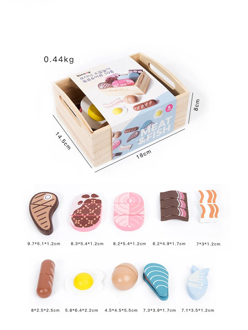 A wooden pretend play food cutting set for kids showing various food shapes and sizes.